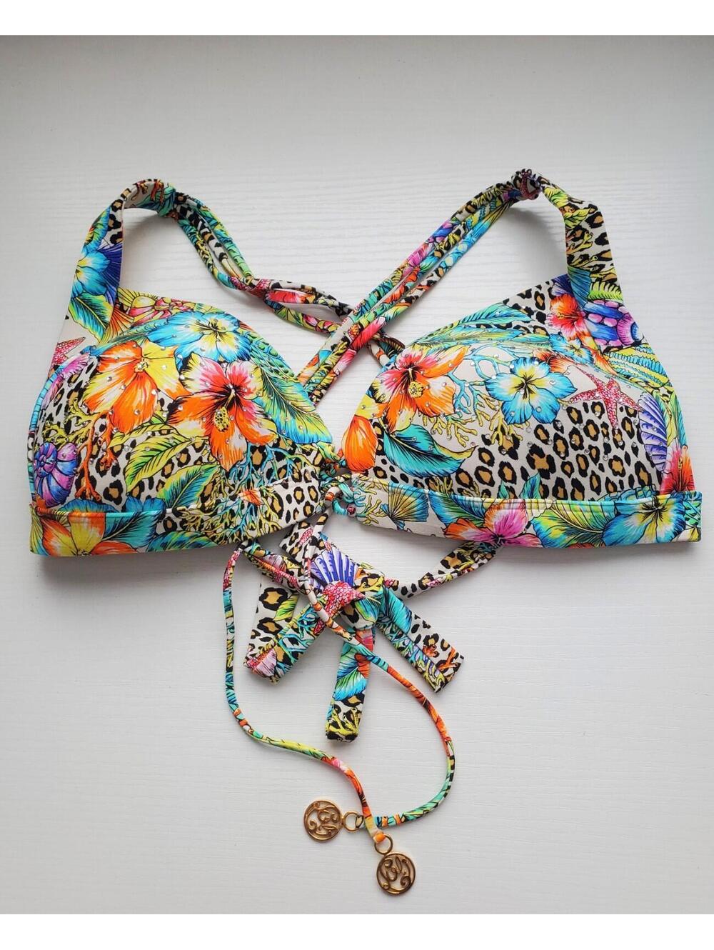 Luli Fama Animal Floral Print Molded Push Up Bikini Top Bling Size Medium Whimsy